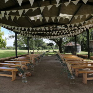 wooden benches hired for wedding