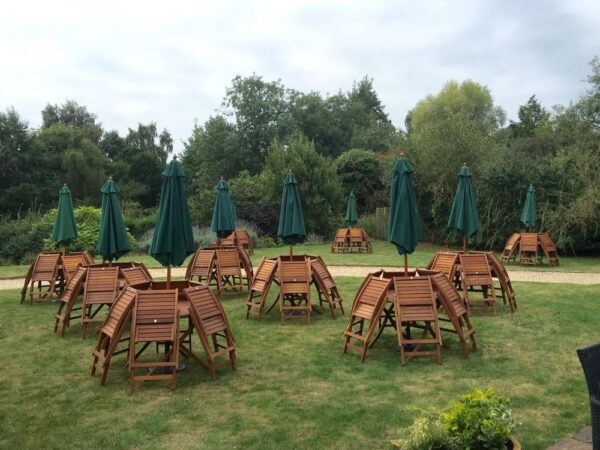 wooden table and chairs for outside hire