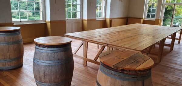 trestle tables and barrel tables